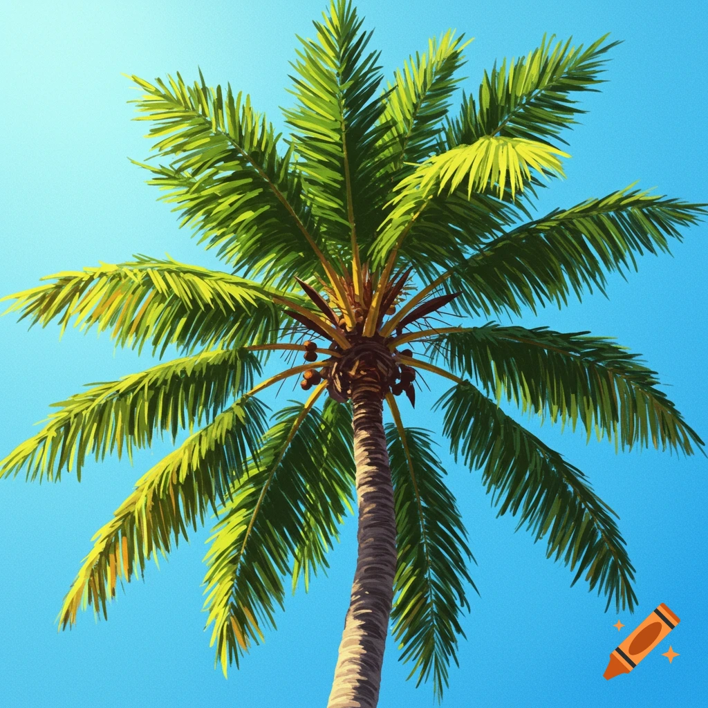 A palm tree against a blue sky.