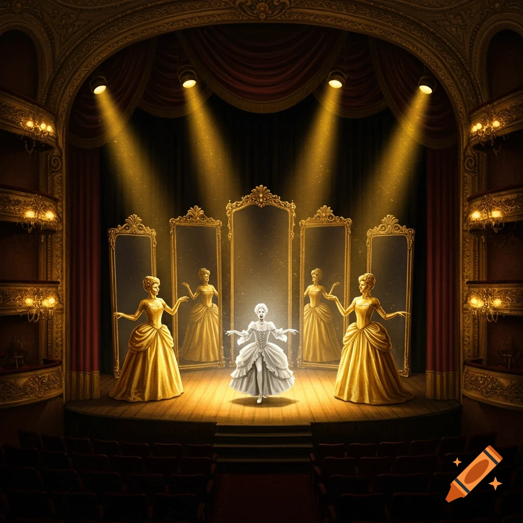 A theater stage performance with a performer in a white dress and reflections in gold dresses.