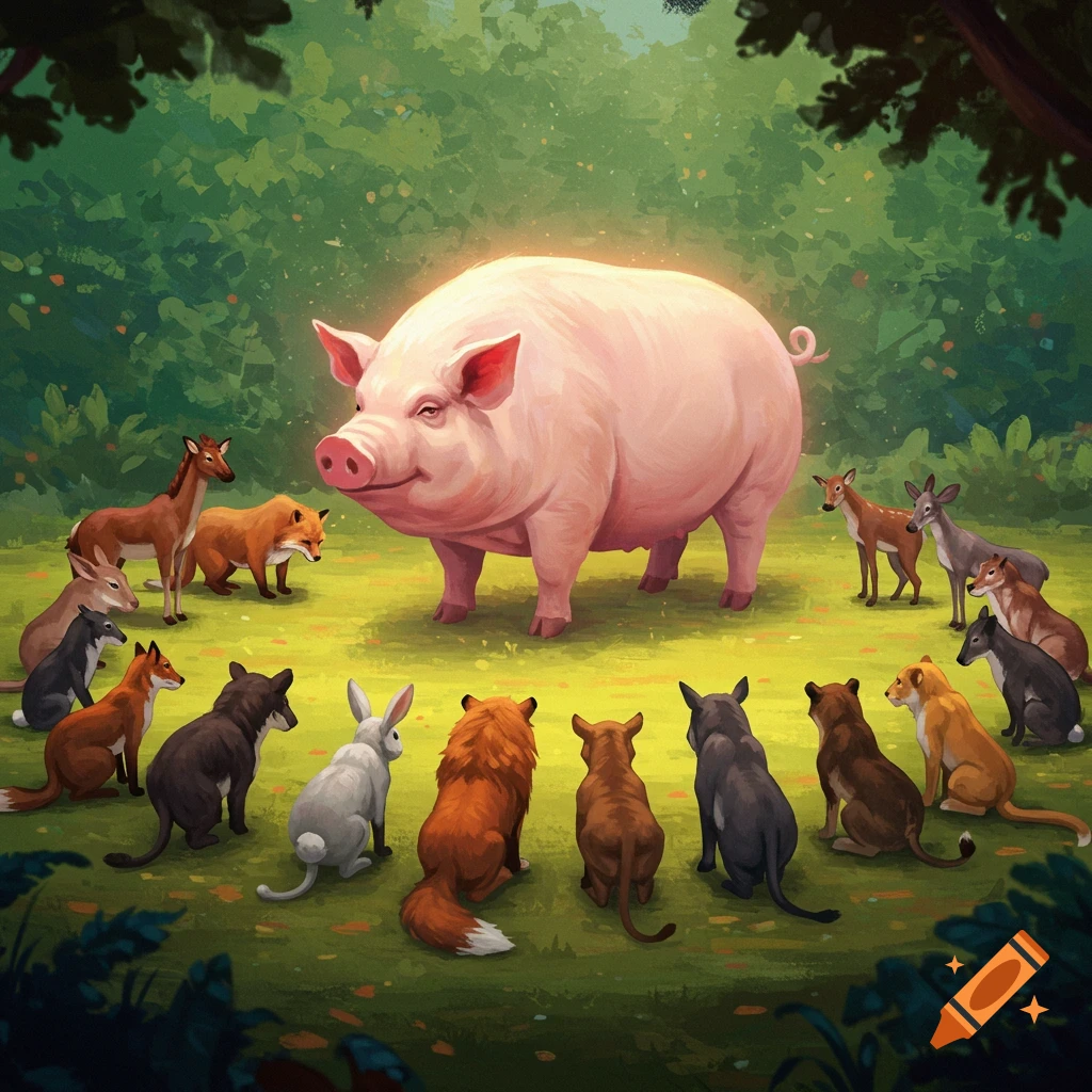 Various animals bowing down in a circle to a massive pig in a forest clearing.