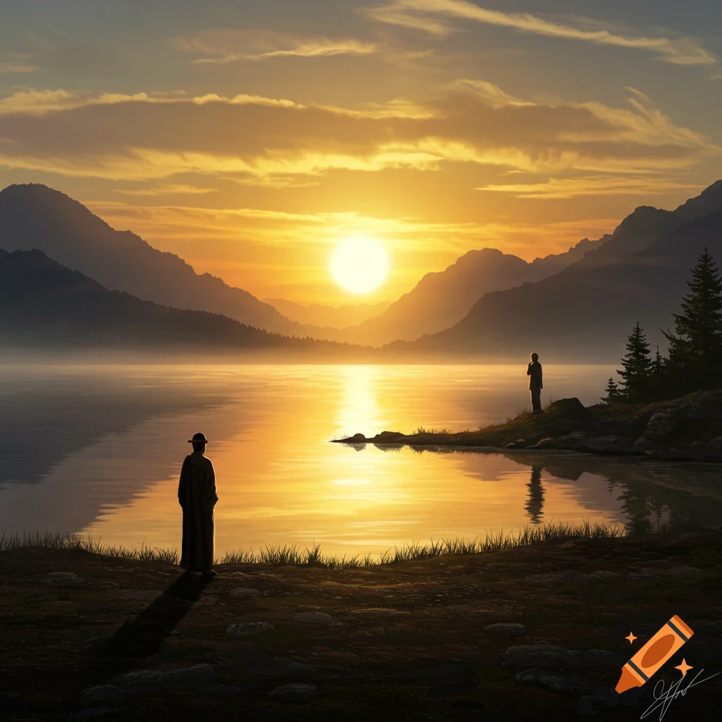A sunrise over a lake with mountains, two figures stand on the shore.