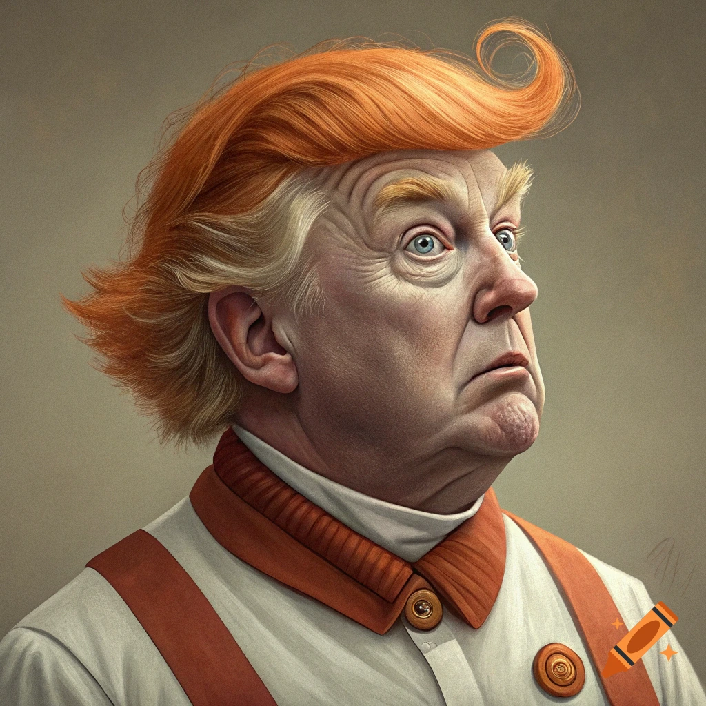 Stylized portrait of person resembling Trump with orange hair and suspenders
