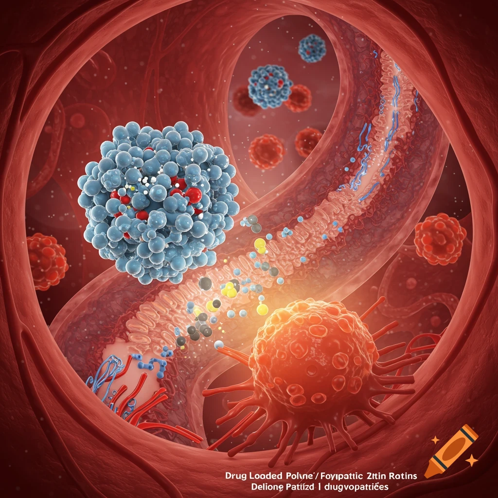 Scientific illustration of a drug-loaded nanoparticle interacting with a tumor cell in a blood vessel.