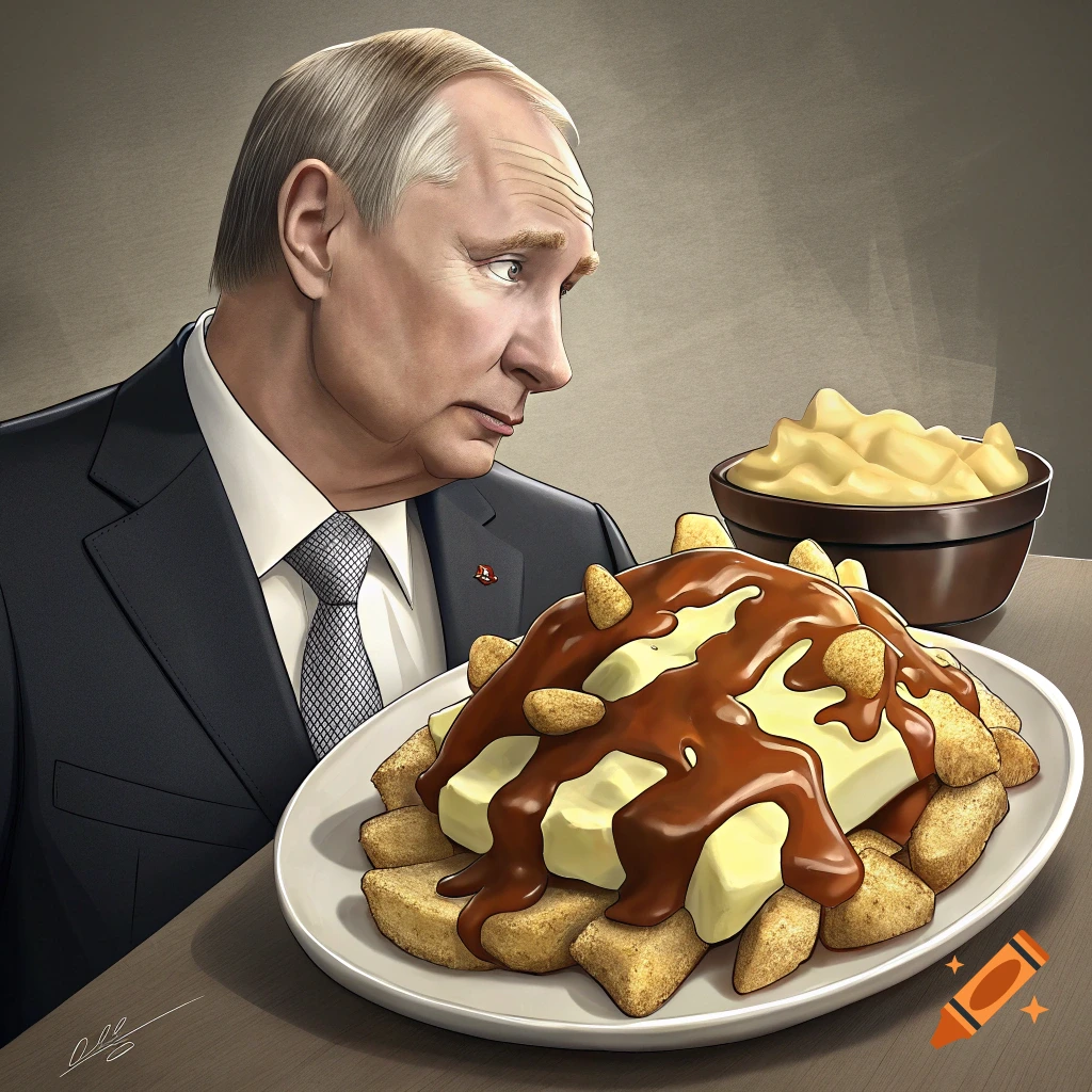 Caricature of a man resembling Putin looking at a large plate of poutine.
