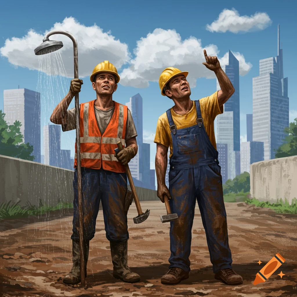 Two dirty construction workers in mud with tools, one holding a shower, the other pointing at a city skyline.