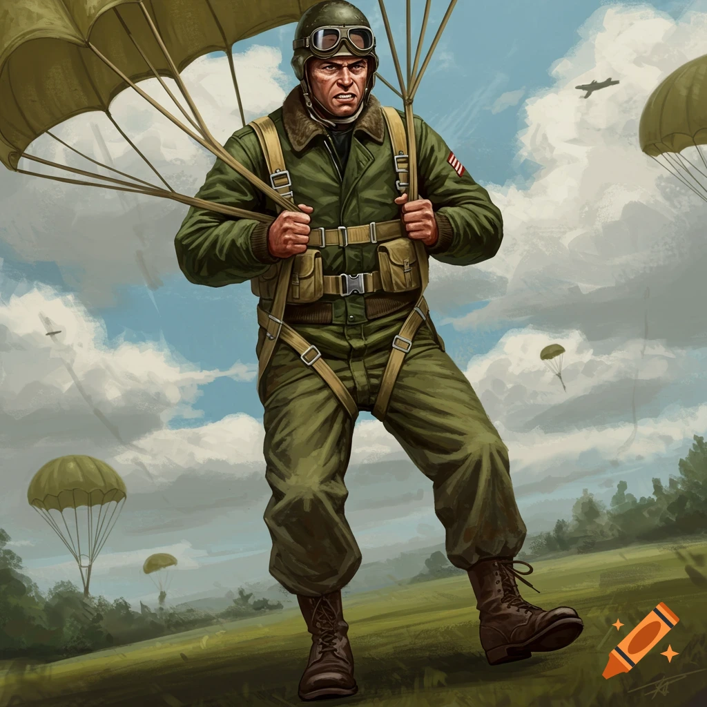 A paratrooper landing with a parachute.