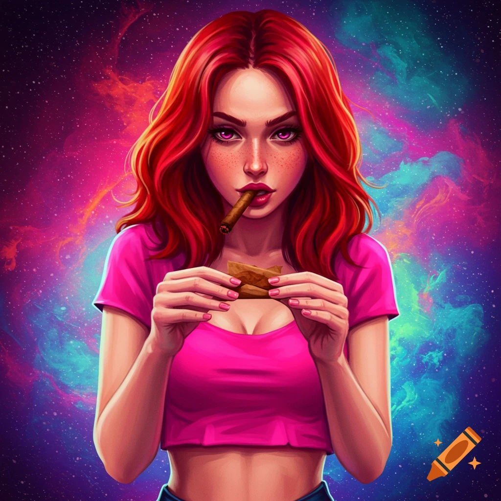 A woman rolling a cigar against a colorful space background.