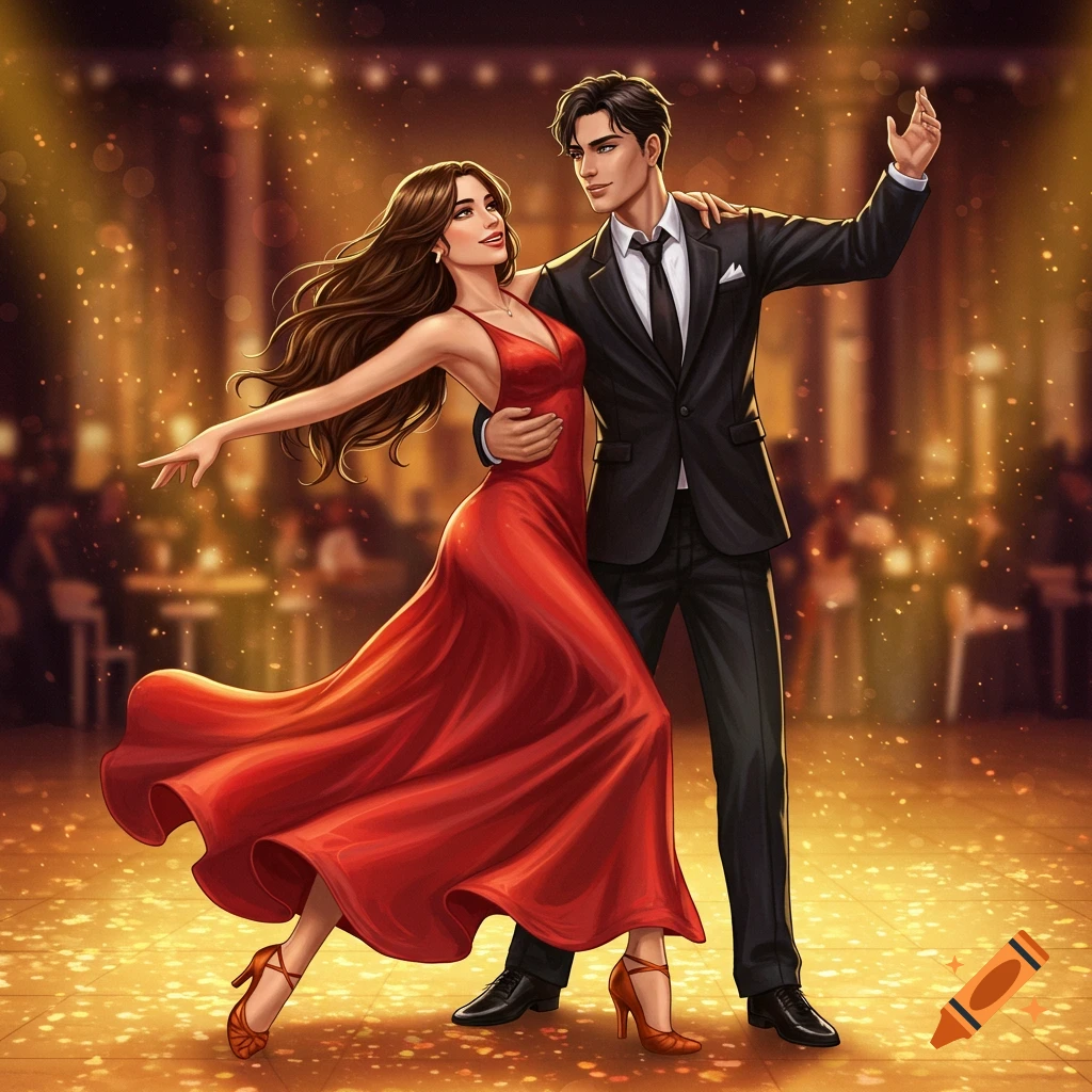 A couple dancing in a ballroom, woman in red dress, man in black suit.