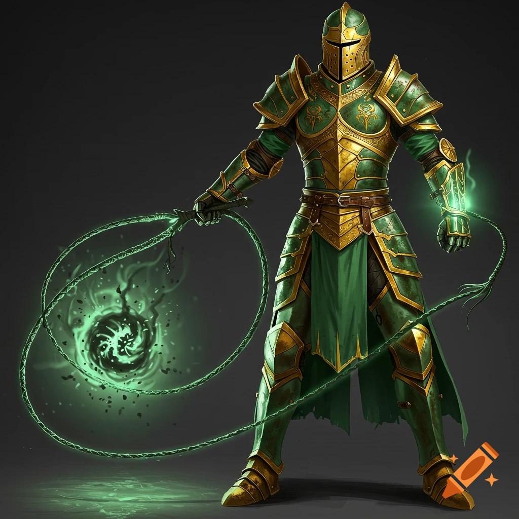 A knight in ornate green and gold armor holding a glowing green mystical whip. Photorealistic style.