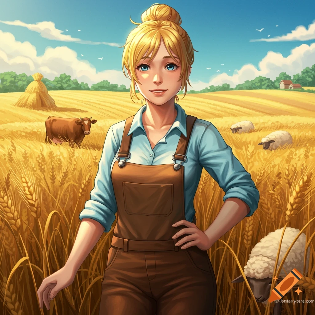 Anime style farmer woman in a wheat field with a cow and sheep.