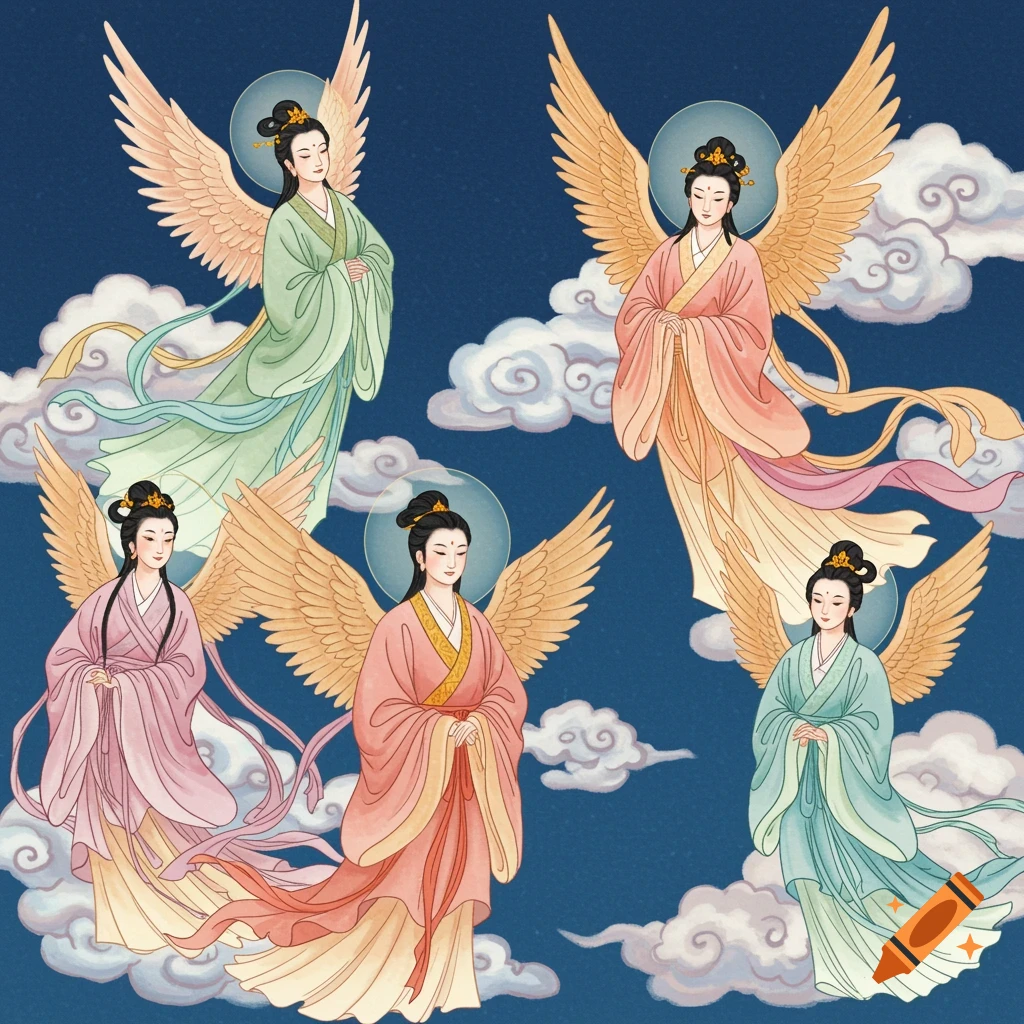 Multiple ethereal Chinese angels with wings and flowing pastel robes floating on clouds in a blue sky.