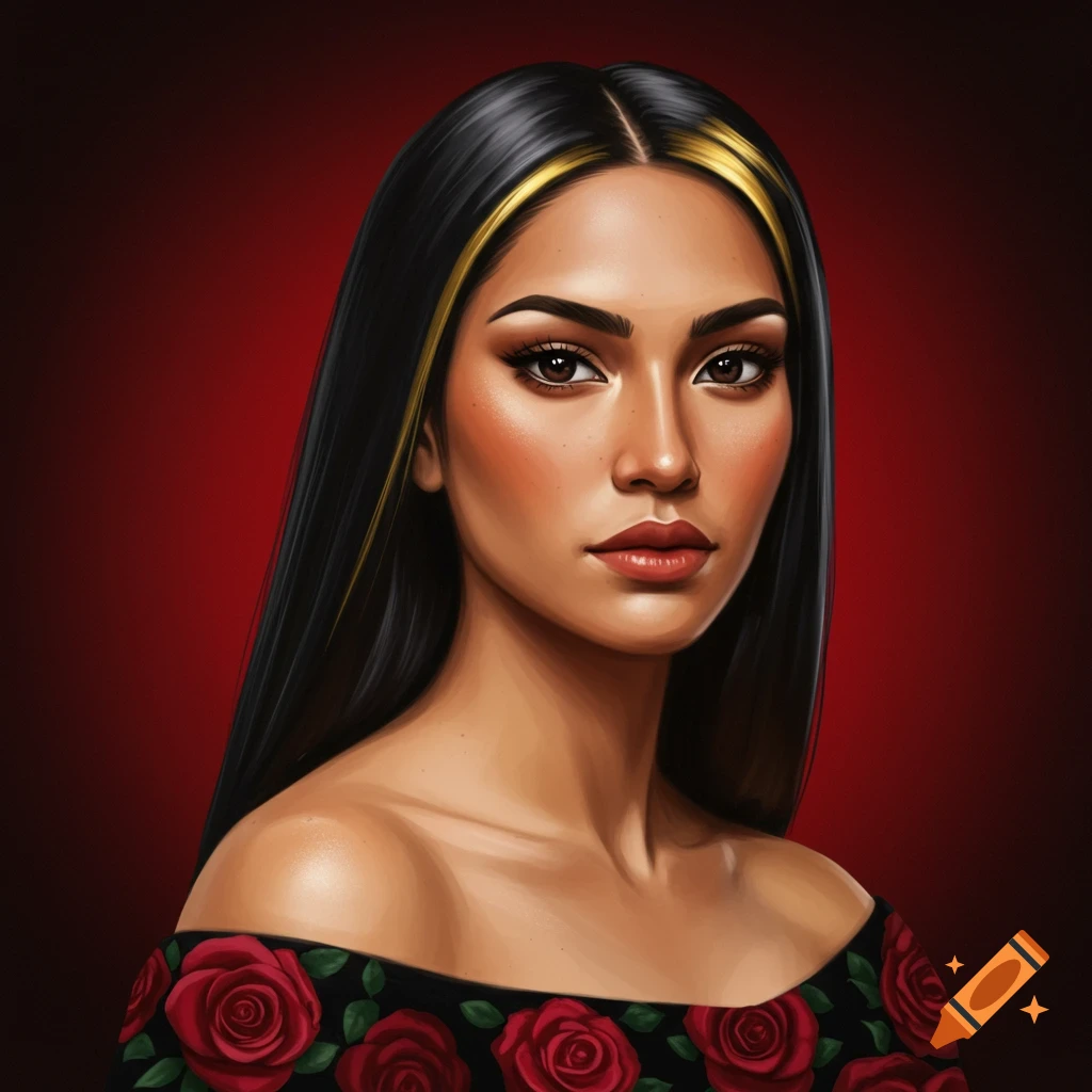 A portrait of a woman with black hair and gold streaks, wearing a black off-shoulder dress adorned with red roses.