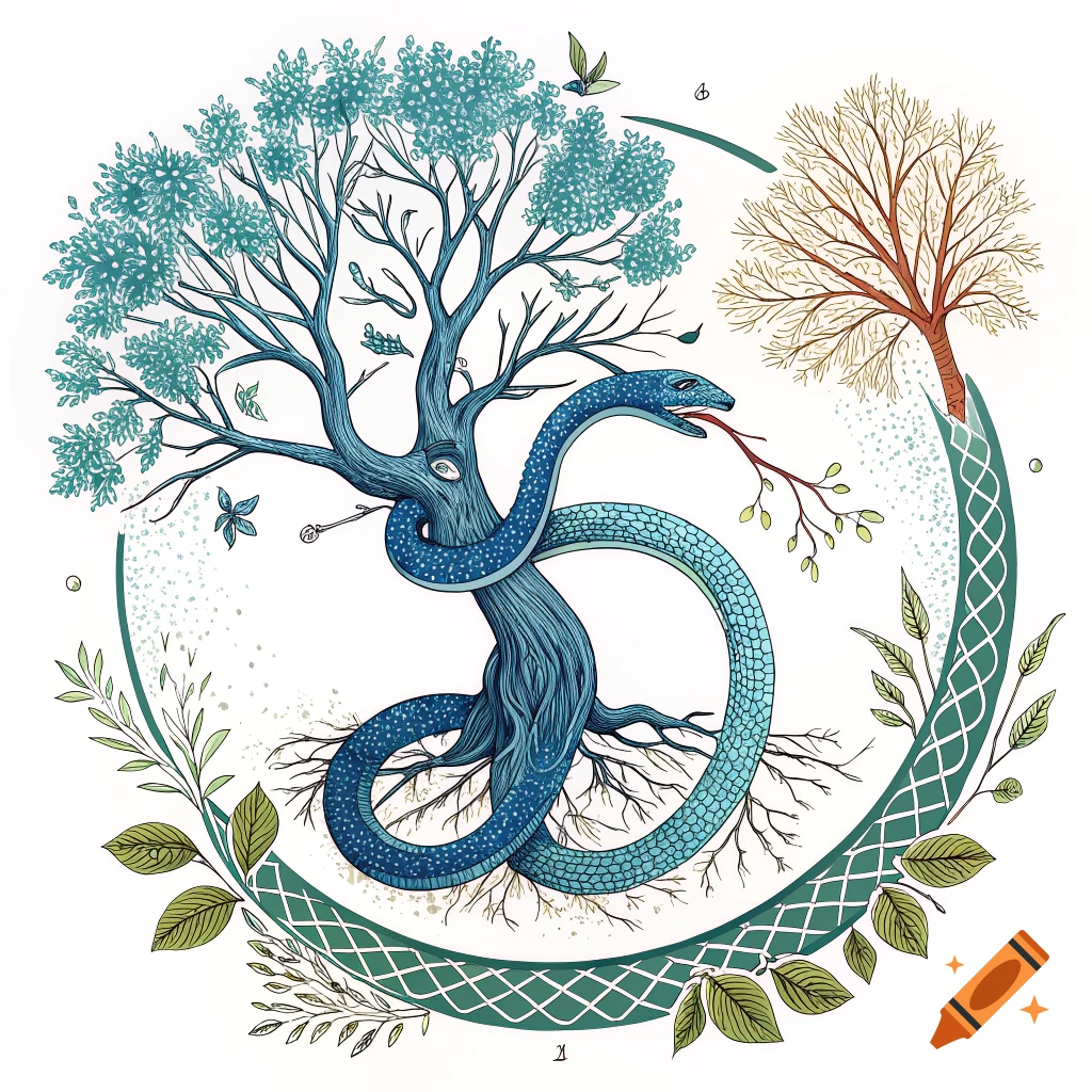 Stylized illustration of a blue tree with a snake wrapped around it, encircled by leaves and a patterned ring.