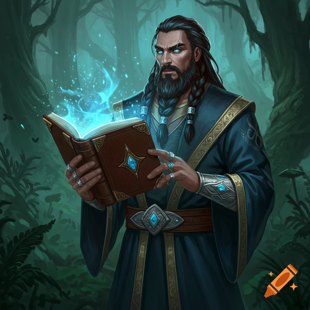 A fantasy wizard with a beard and braids is reading a glowing spell book in a misty forest.