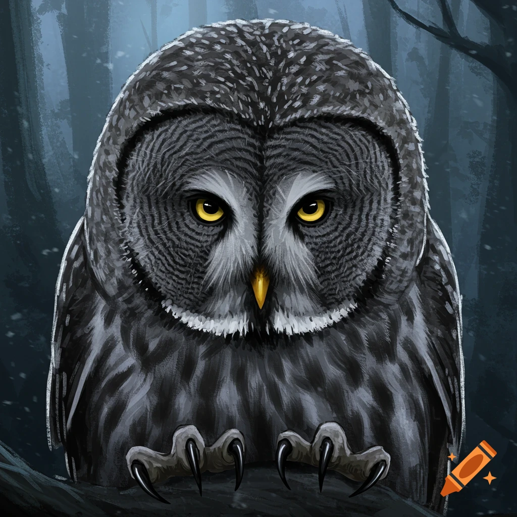 A grey owl with piercing yellow eyes sits on a branch in a dark forest at night.