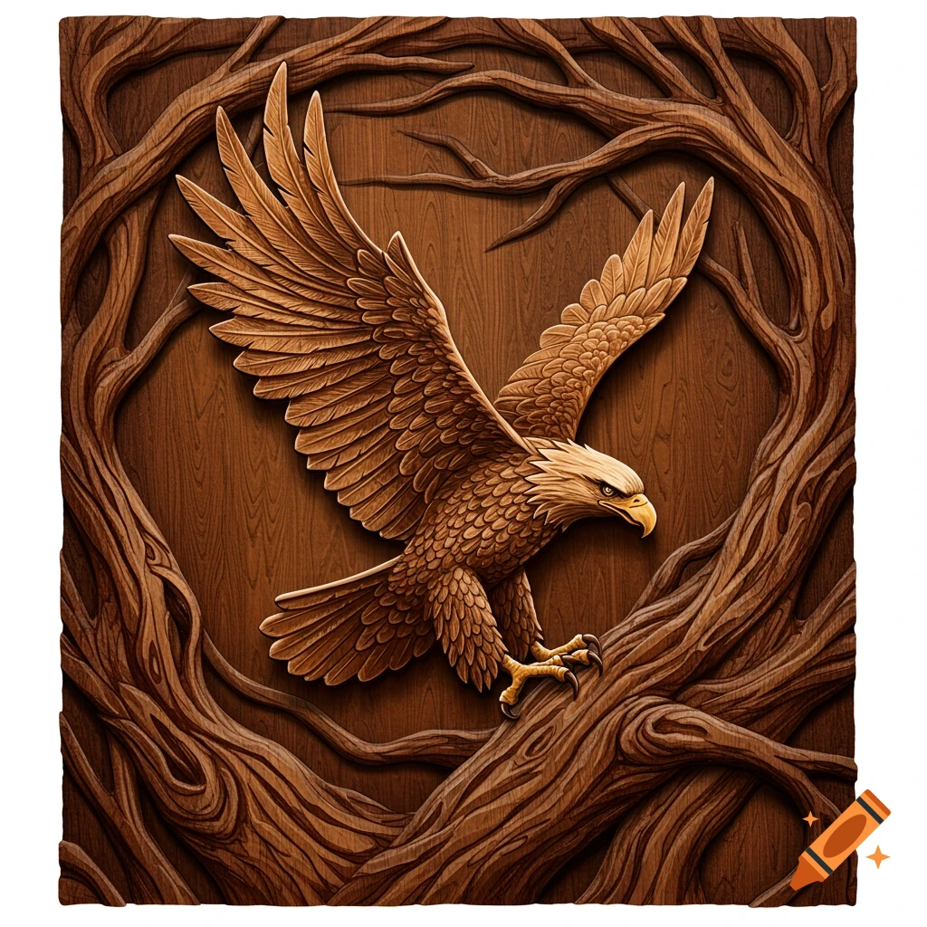 Eagle in a wood carving style, surrounded by branches.