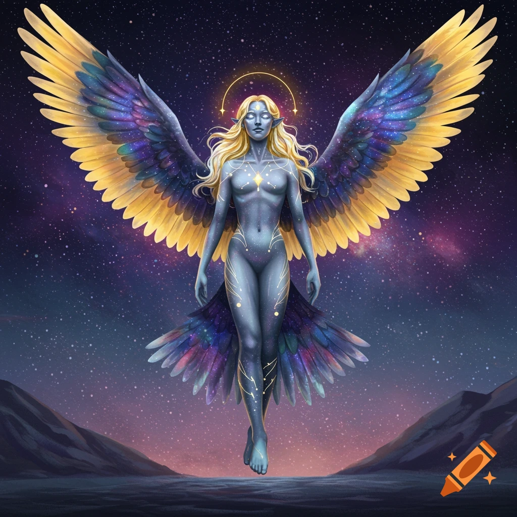 A celestial winged figure with golden hair and starry markings floats above mountains under a starry sky.