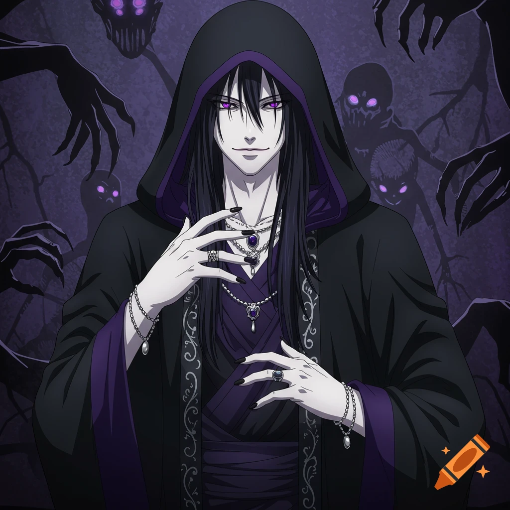 Anime-style pale man in black and purple hooded robe with long dark hair and purple eyes, surrounded by shadowy figures.