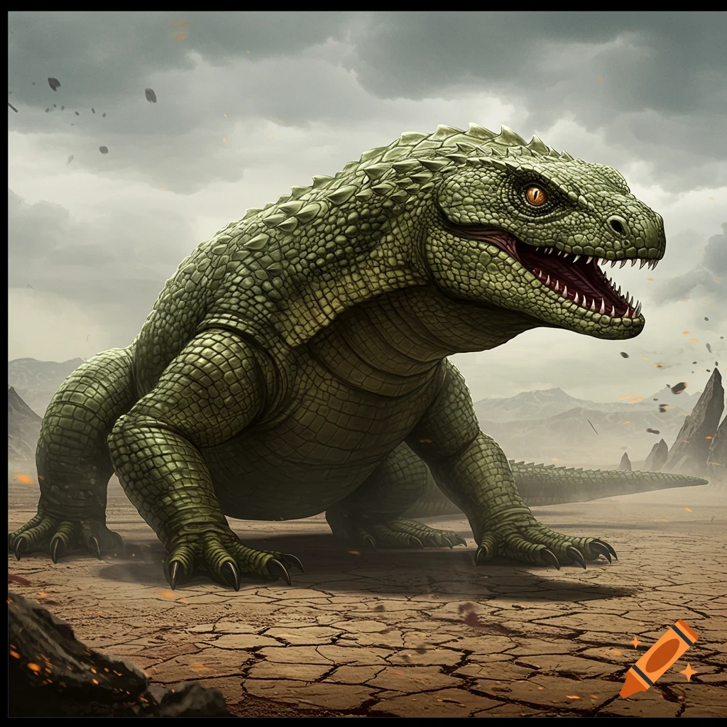 A large green reptilian creature stands in a cracked desert landscape under a stormy sky.