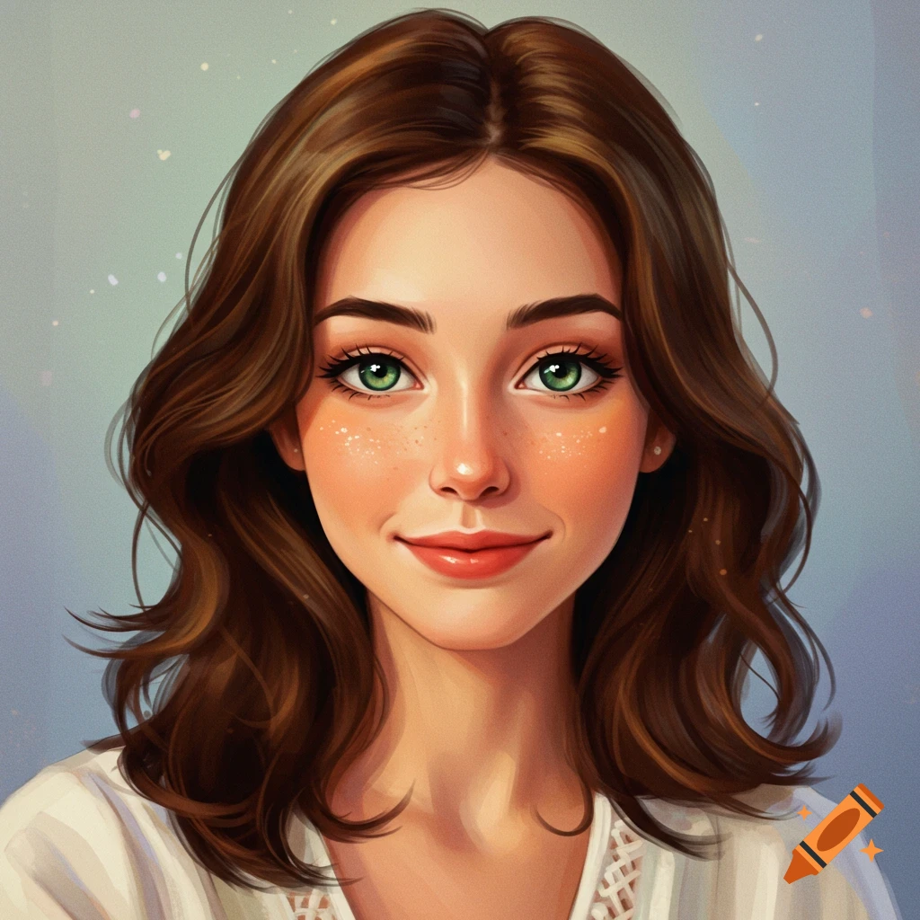 portrait of a brown haired woman with green eyes and freckles