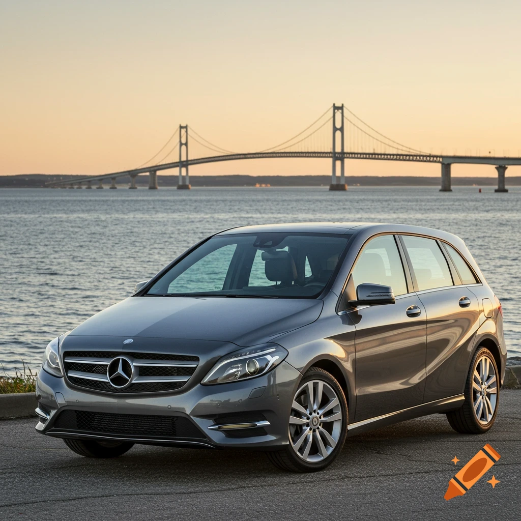 A grey Mercedes car parked by the water with a bridge in the background at sunset.