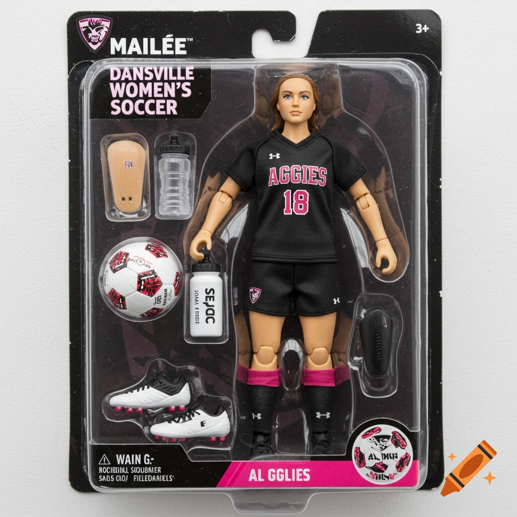 Action figure of a female soccer player in black uniform in blister packaging with accessories like ball and shinguards.