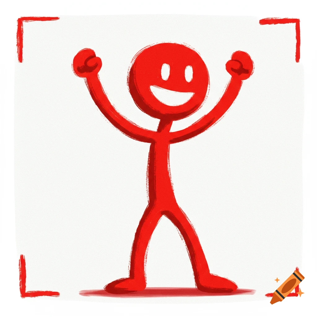 A happy red stick figure raises its arms.