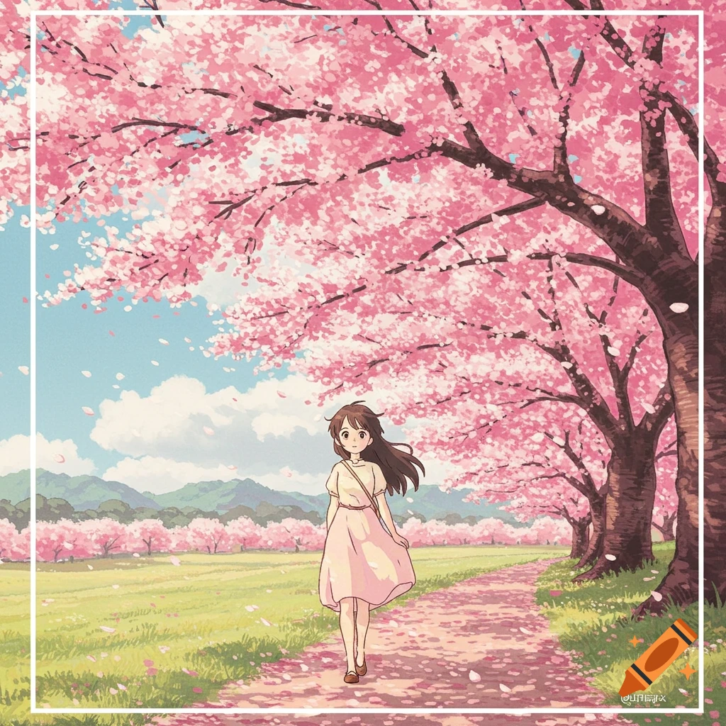 Anime style illustration of a girl walking on a path through a park lined with blooming cherry blossom trees.