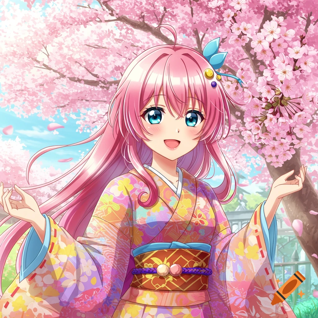 An anime girl in a colorful kimono stands under blooming cherry blossom trees.