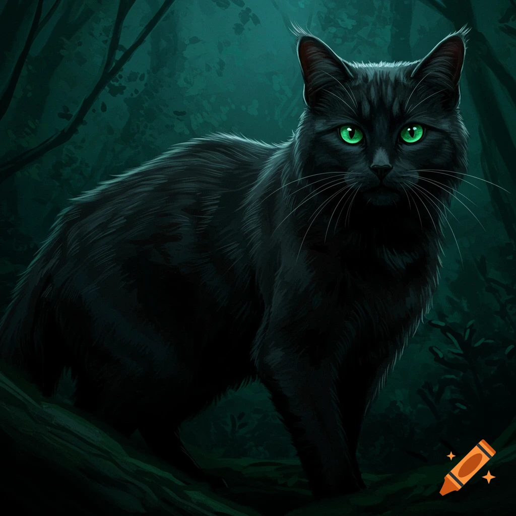 a black cat with bright green eyes in a dark forest.