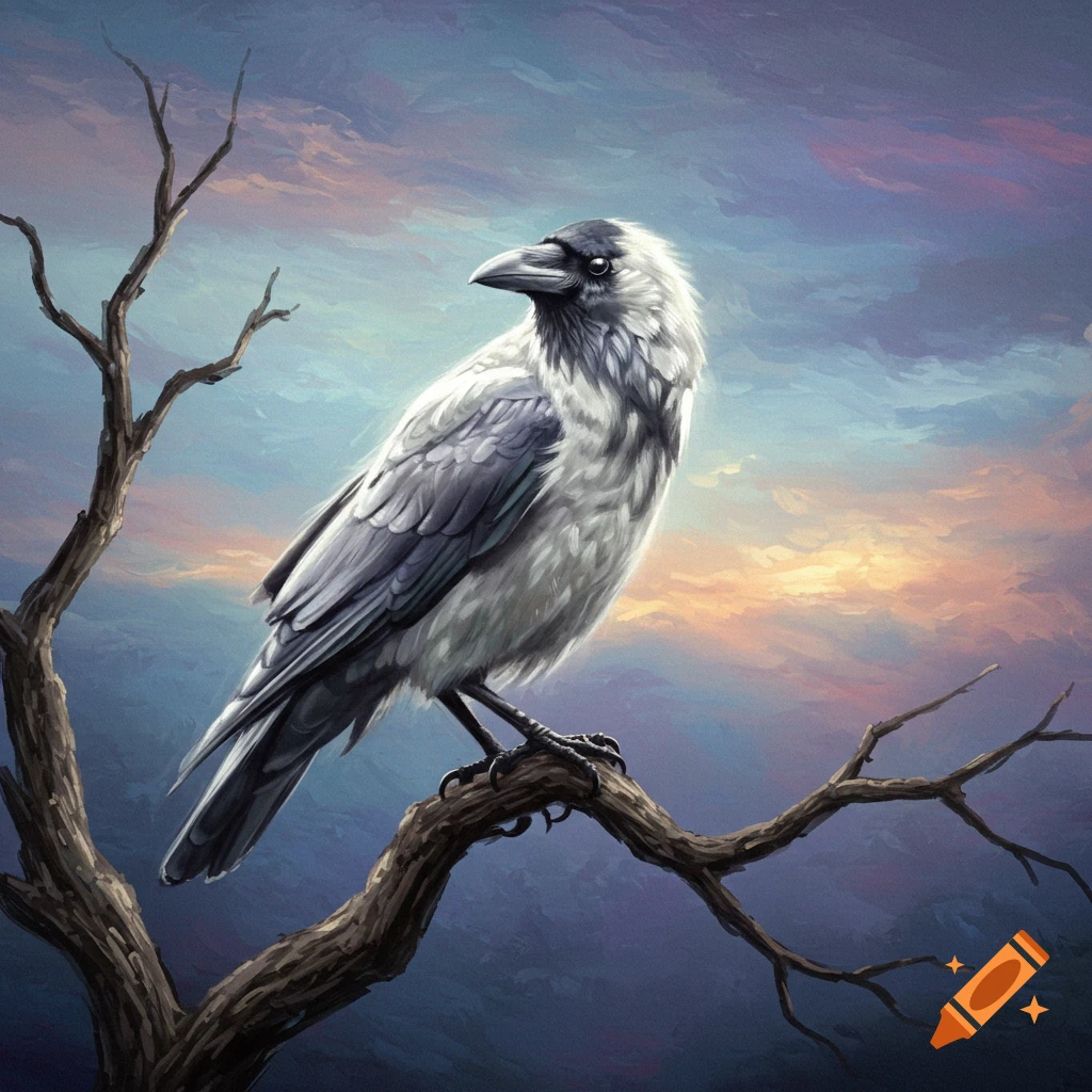 An impressionist painting of a gray crow sitting on a bare branch against a cloudy sky.