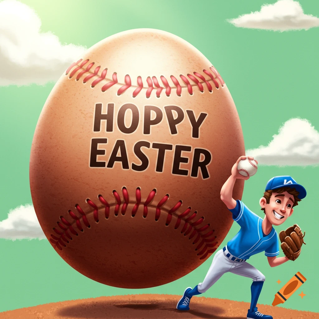 Cartoon baseball pitcher throwing a large Easter egg decorated like a baseball with 'Hoppy Easter' on it.