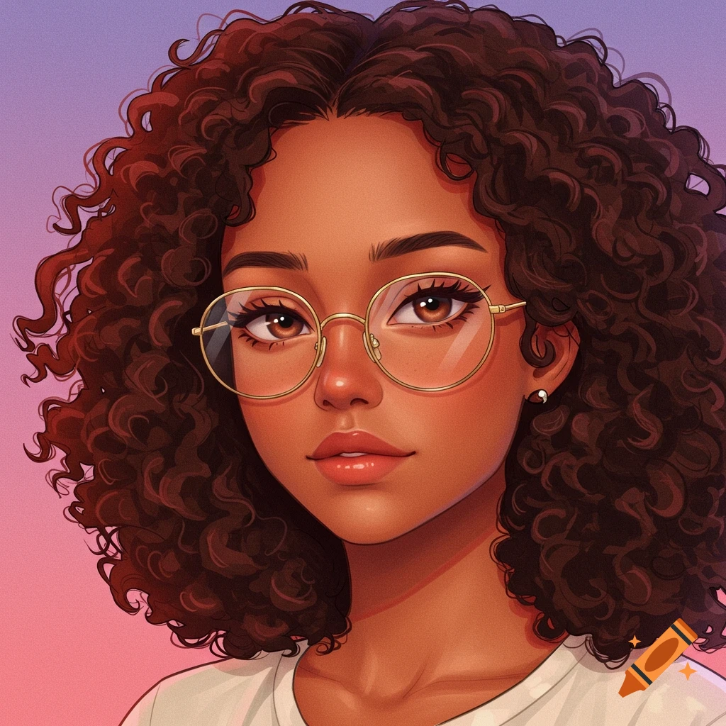 Anime style portrait of a young woman with curly hair and glasses against a pink and purple gradient background.
