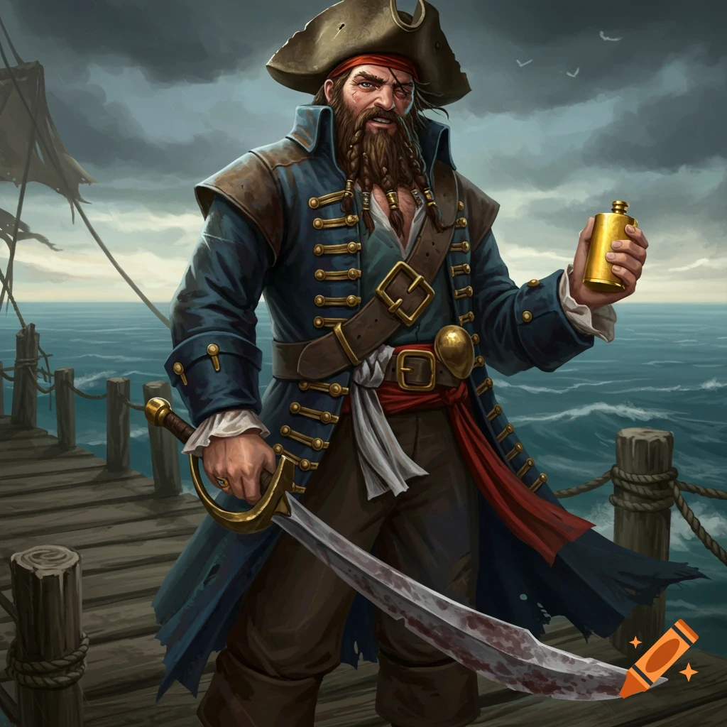 A bearded pirate in a hat and coat stands on a dock, holding a sword and a flask.