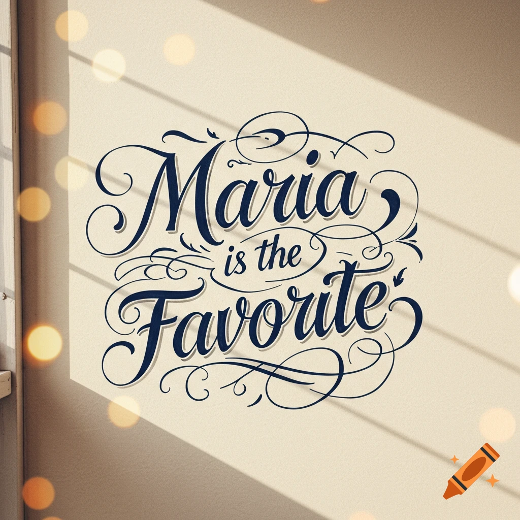 Decorative text on a wall reading 'Maria is the Favorite' with light and shadows.