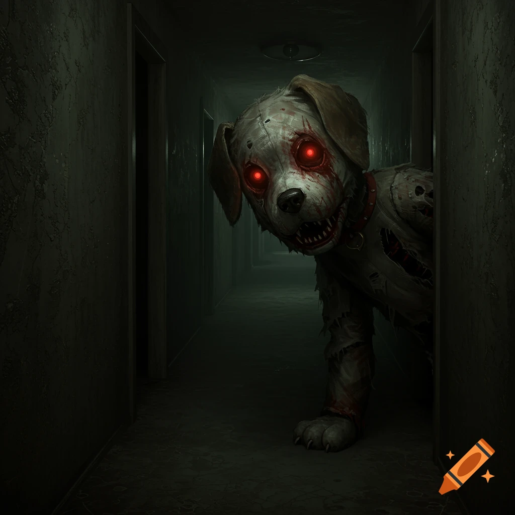 Creepy dog costume with glowing red eyes peering from a dark hallway