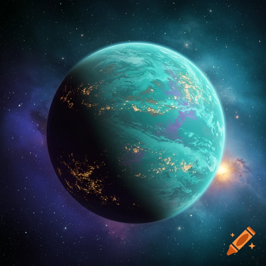 A glowing alien planet with city lights in space with nebulae and stars.
