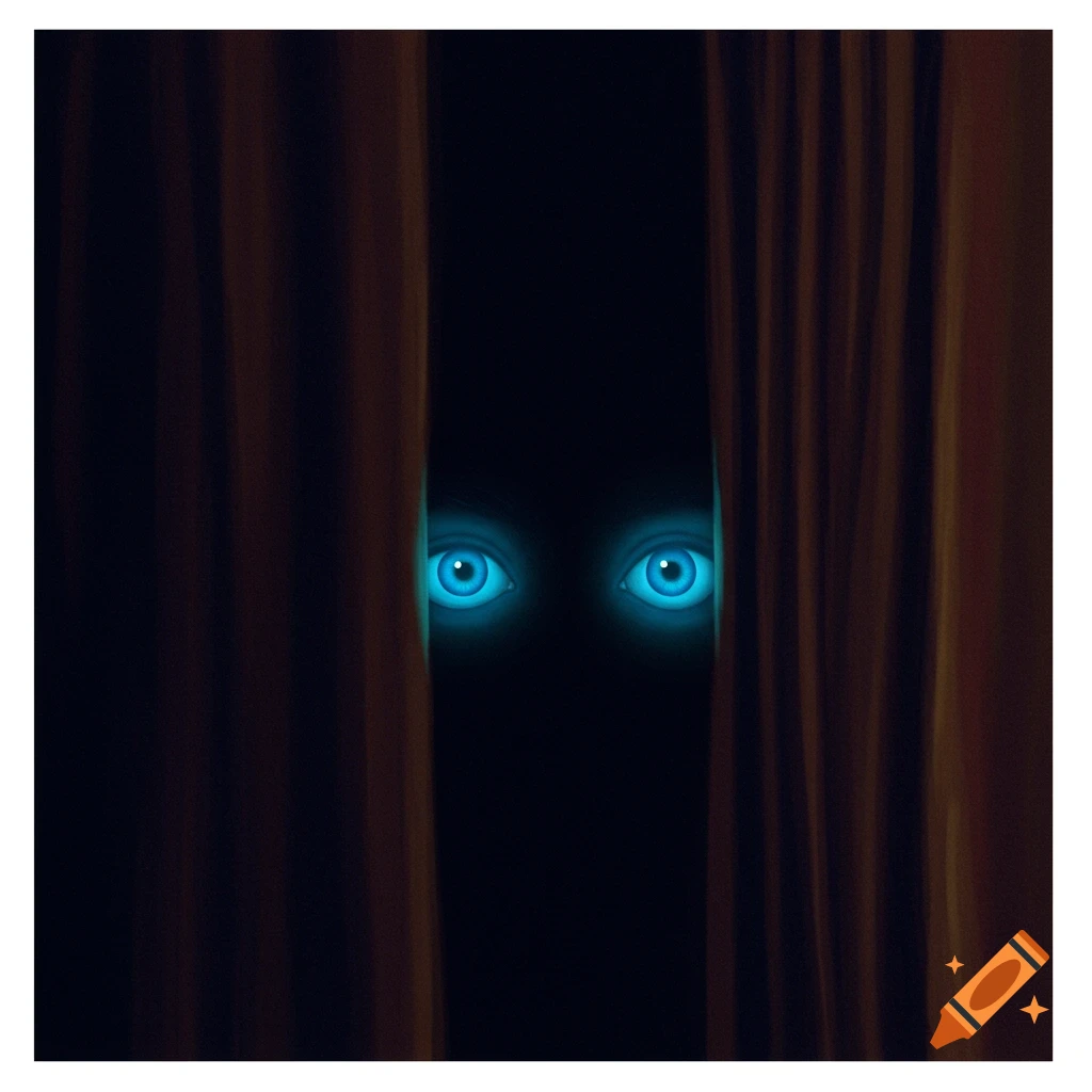 Glowing blue eyes peer through red curtains in darkness.