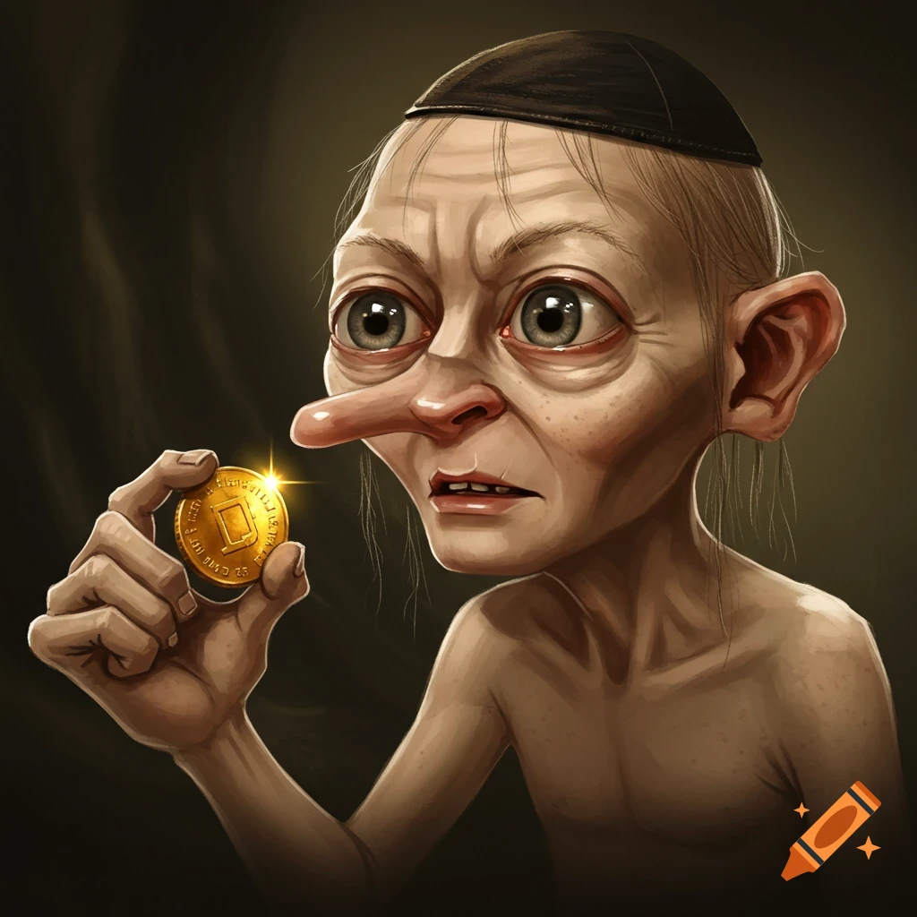 Gollum wearing a yarmulke and holding a glowing gold coin.