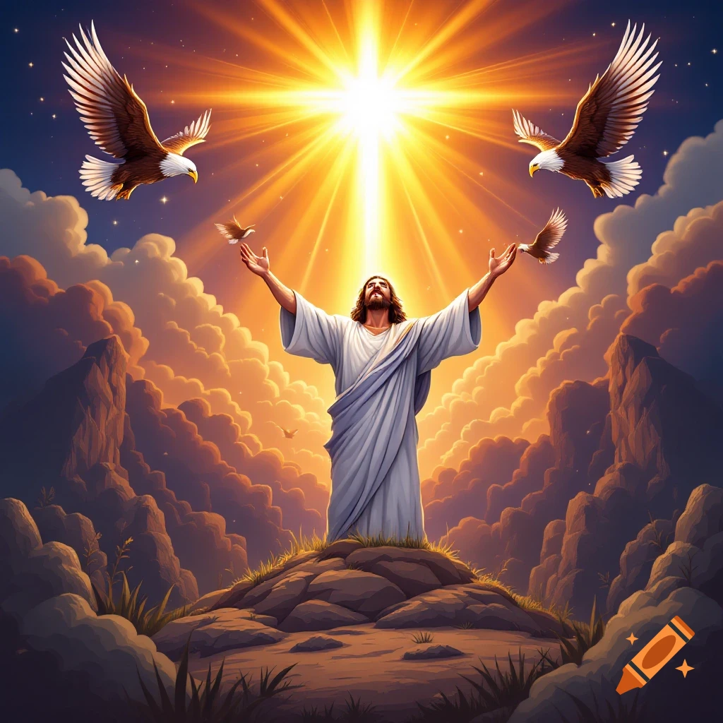 Jesus figure on a hill with arms raised under bright light, with eagles flying overhead
