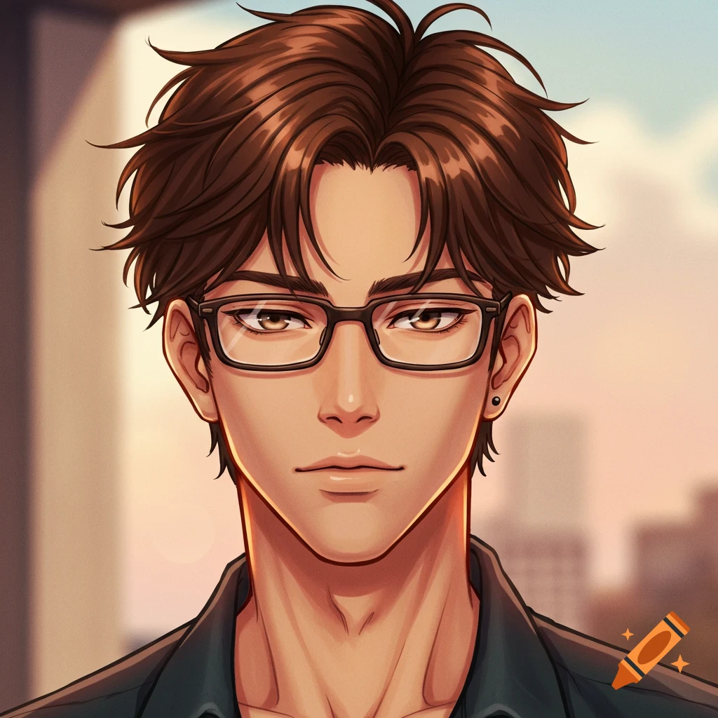 Anime portrait of a man with brown hair and rectangular glasses.