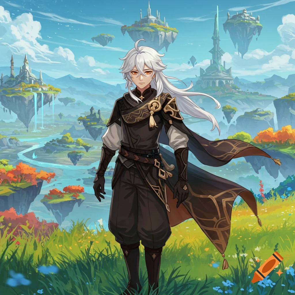 Anime character with white hair stands in a fantasy landscape with floating islands and castles.