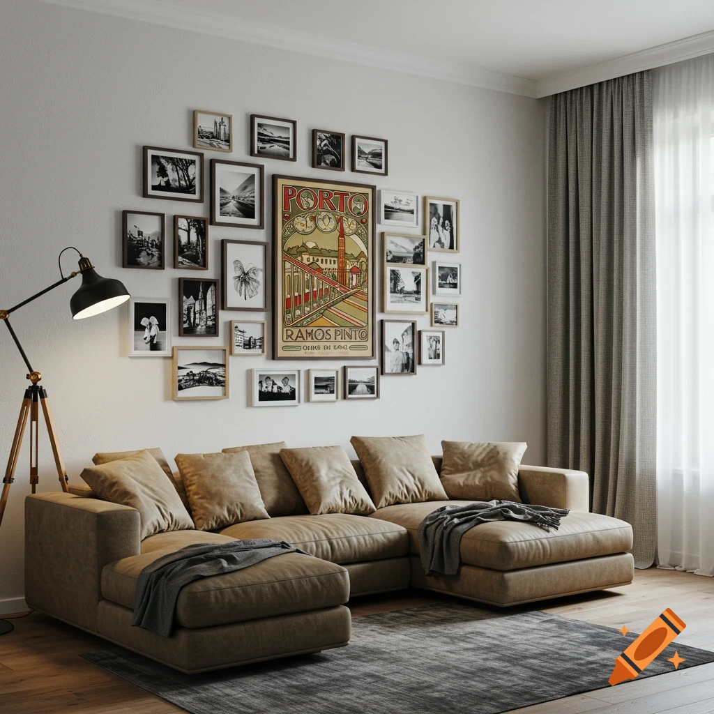 Realistic living room with sectional sofa, gallery wall including vintage poster