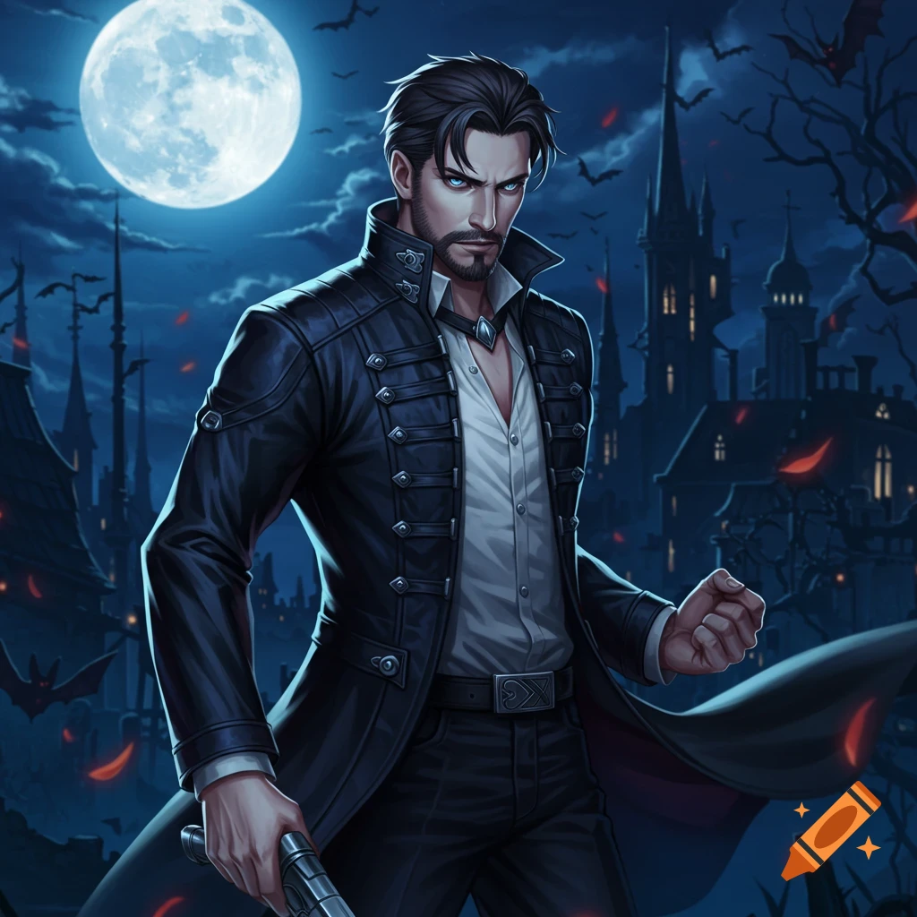 Anime fantasy art of a man in a coat holding a weapon, standing before a castle under a full moon with bats.