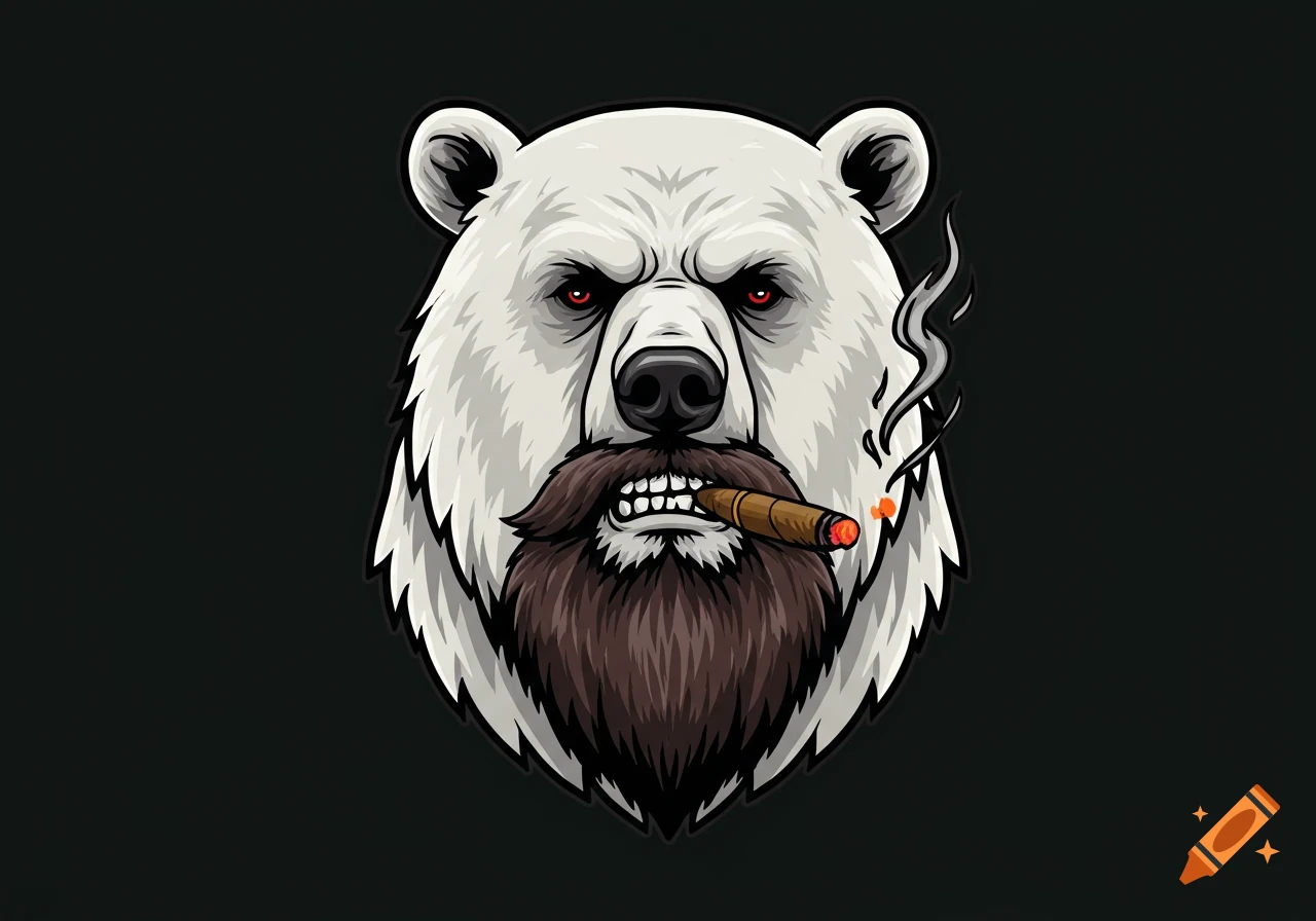 A vector graphic of a polar bear with a beard smoking a cigar.