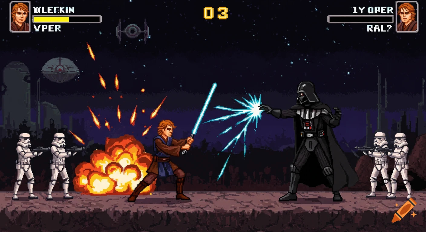 Pixel art scene of Anakin Skywalker fighting Darth Vader with lightsabers, resembling a 16-bit video game.