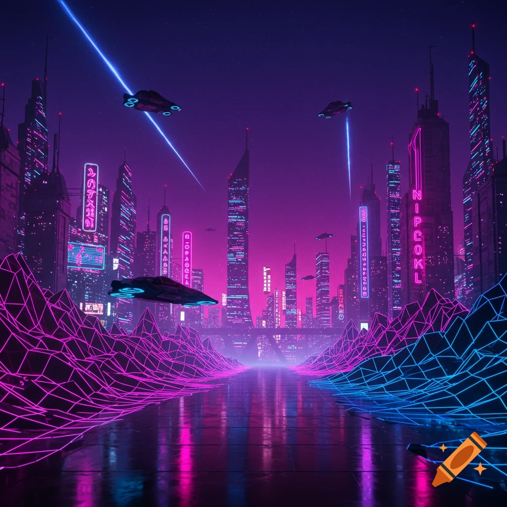 A futuristic city at night with neon lights, flying vehicles, and wireframe foreground.