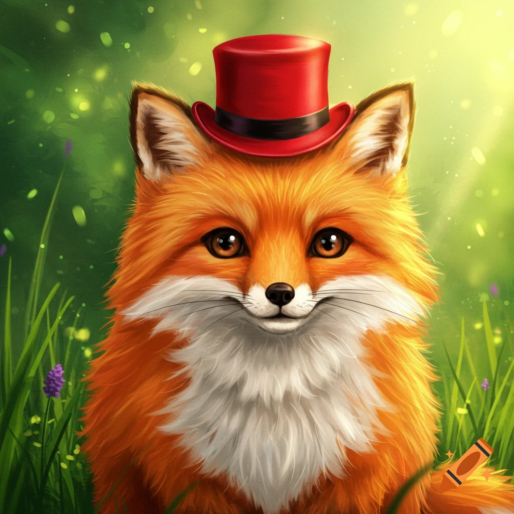 A cute fox wearing a red top hat in a green, grassy meadow.
