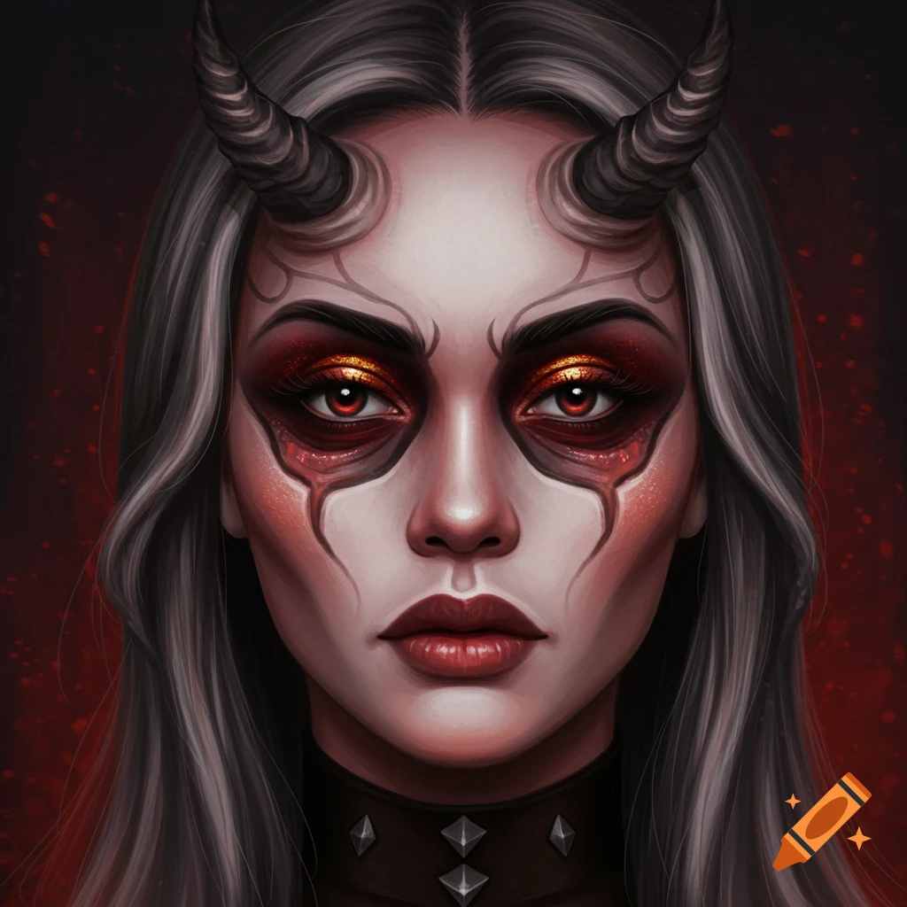 A striking portrait of a woman with horns, red eyes, and dramatic makeup.