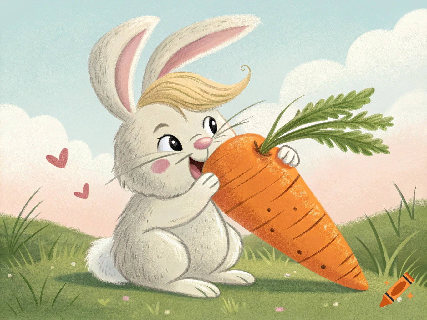 A cartoon bunny with blonde hair eats a large carrot in a field under a cloudy sky.