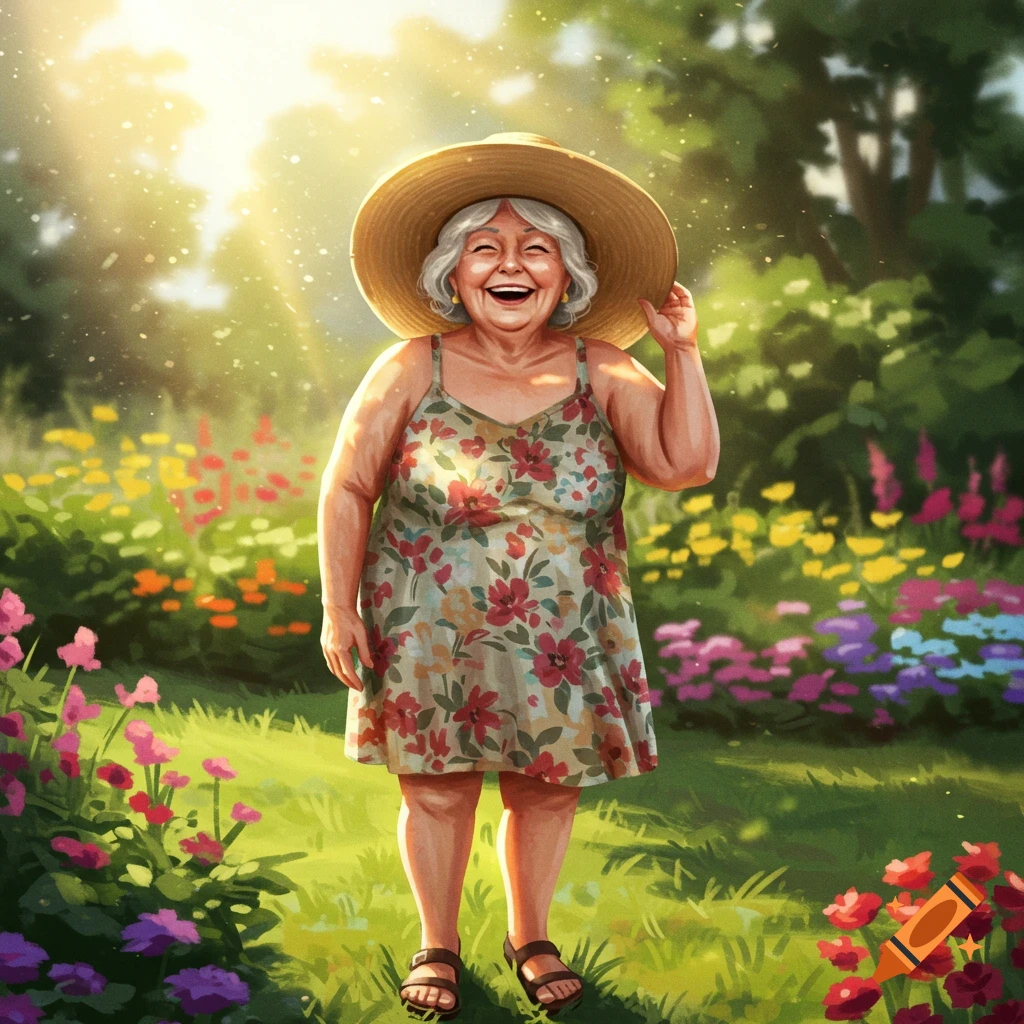 A happy old woman in a sun hat and floral dress, standing in a sunny garden.